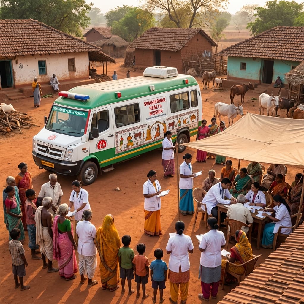A mobile health van parked in a rural village